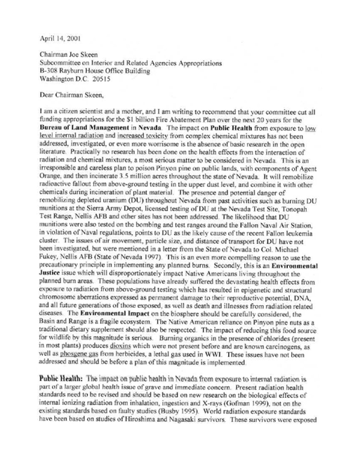 20010414 Leuren Moret's Letter to US Congress Warning Folly of Controlled Burns in Nevada