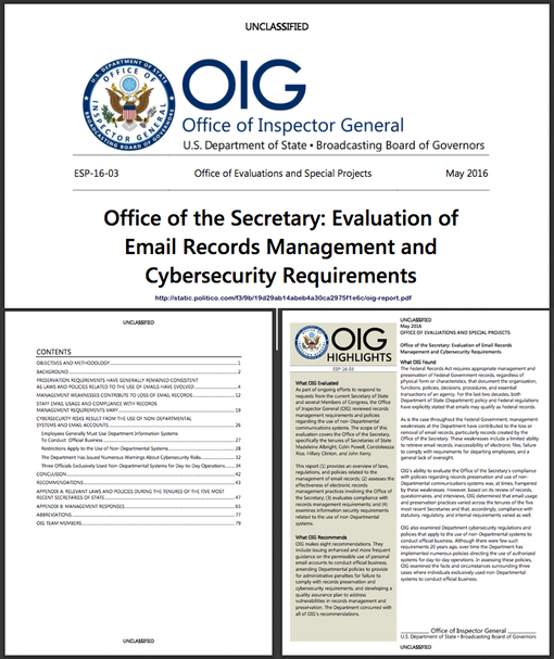 20160501 Office of the Inspector General, State Dept- Evaluation of  Emai l Records Management and  Cybersecurity Requirements (w link)